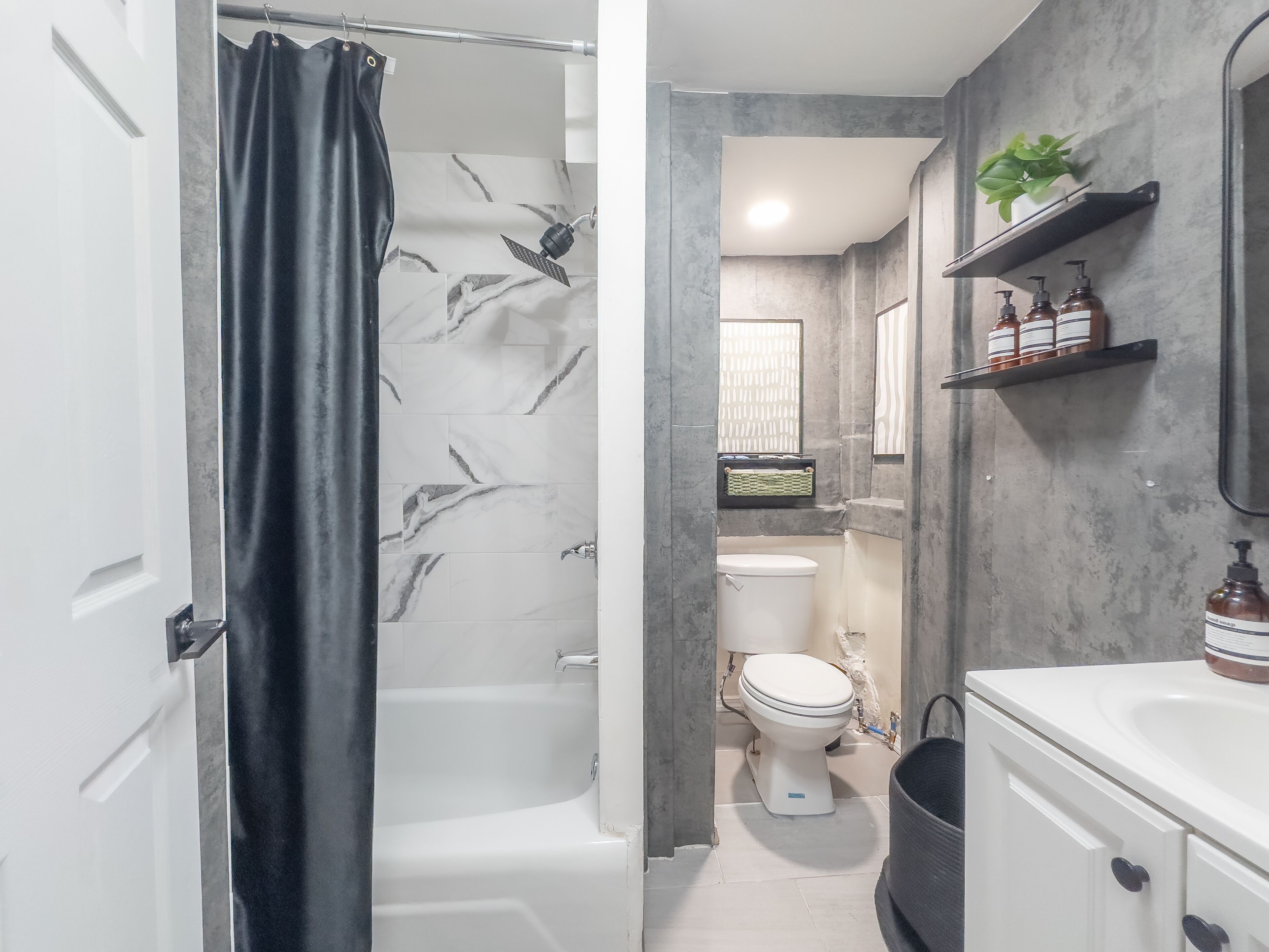 Hair dryer, towels, soap, shampoo