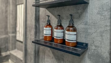 Hair dryer, towels, soap, shampoo