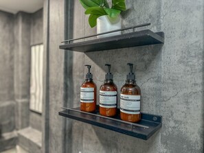 Hair dryer, towels, soap, shampoo