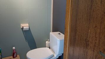 A small bathroom with a toilet, a small shelf with cleaning supplies, and a toilet paper holder on the wall.