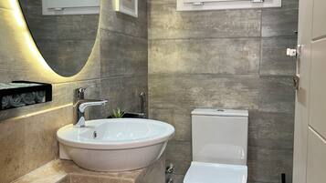 Hair dryer, bidet, towels, soap