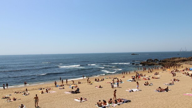 A crowded beach with people sunbathing and swimming.