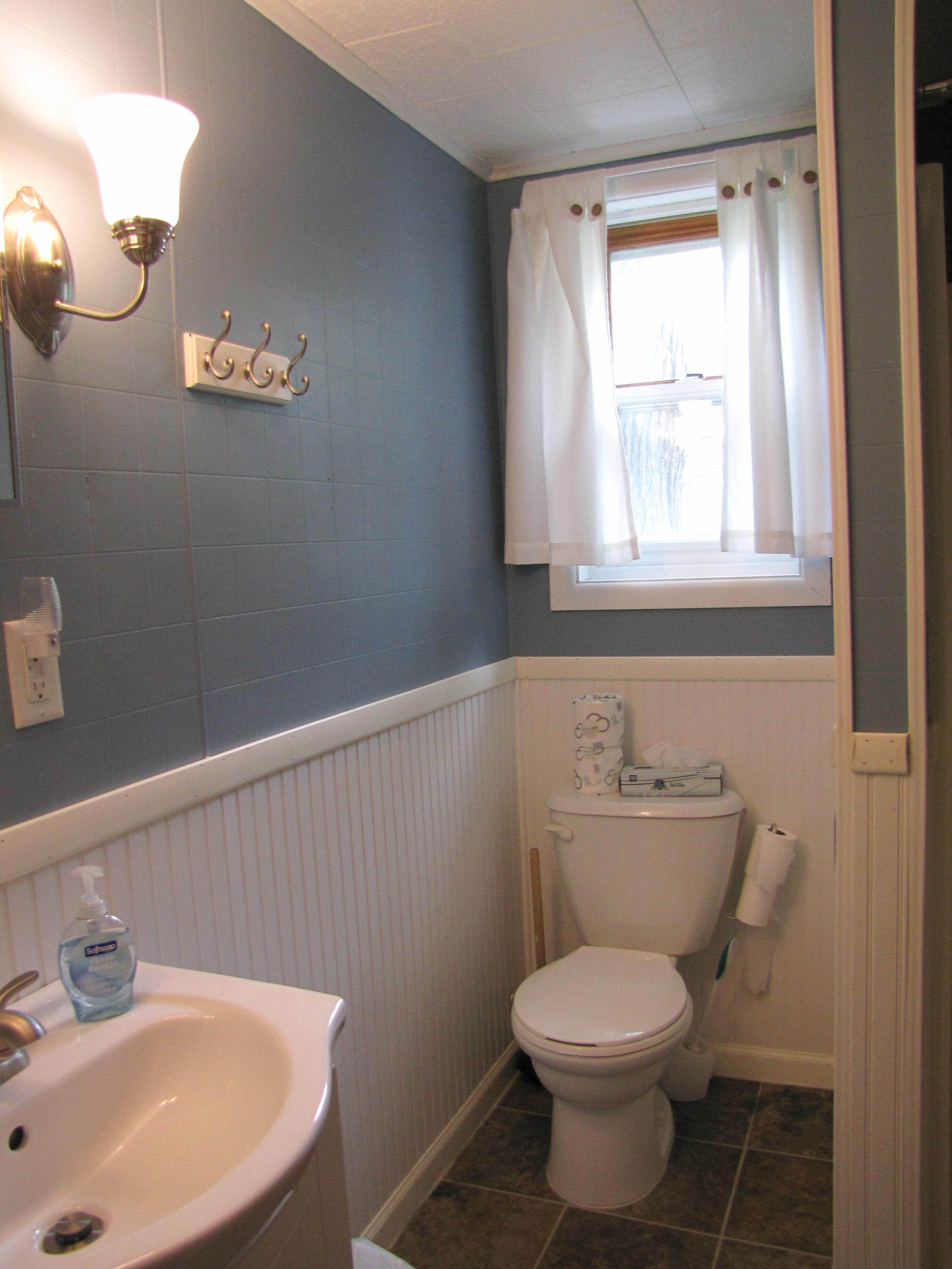 A bathroom with a white sink, a toilet, and a window with white curtains.