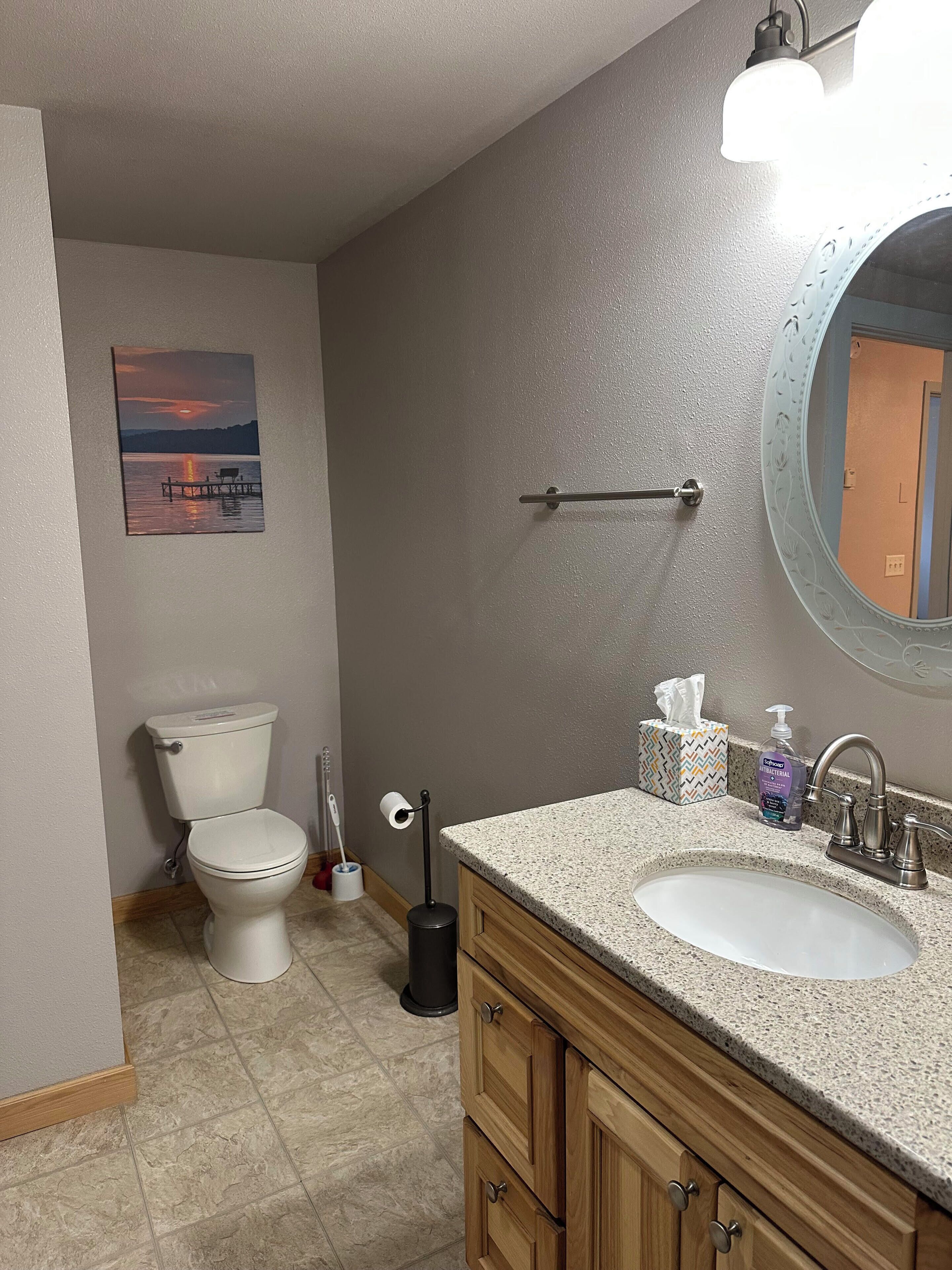 A bathroom with a toilet, sink, mirror, and a painting on the wall.