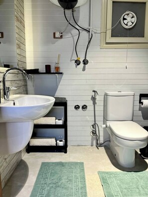 Shower, bidet, towels, soap