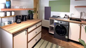 A compact kitchen with a coffee machine, a washing machine, and a sink. - GroundFloor Serenity (Cairo Governorate)