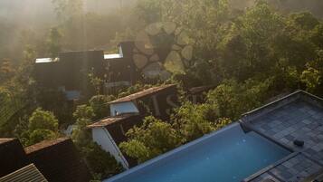 A rooftop pool with a clear view of surrounding buildings and trees.