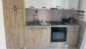 Una cocina moderna con armarios de madera, un lavamanos de acero inoxidable, una estufa a gas y un horno empotrado.