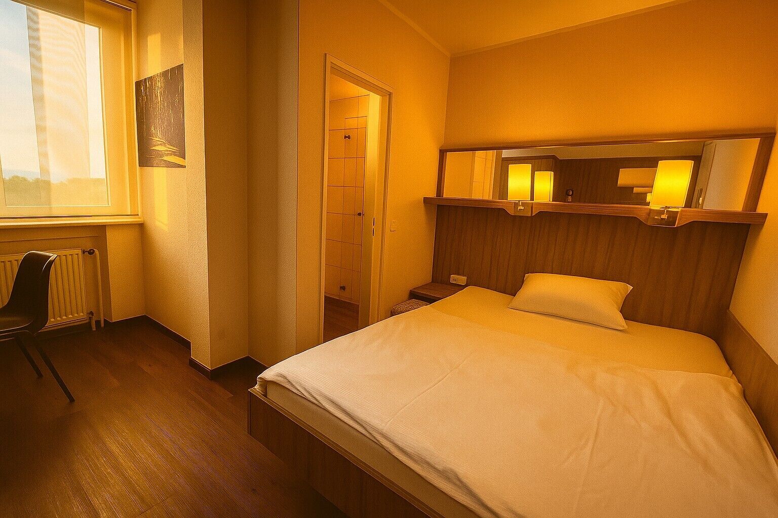 A hotel room with a bed, a chair, a desk, a window, a door, and a mirror.