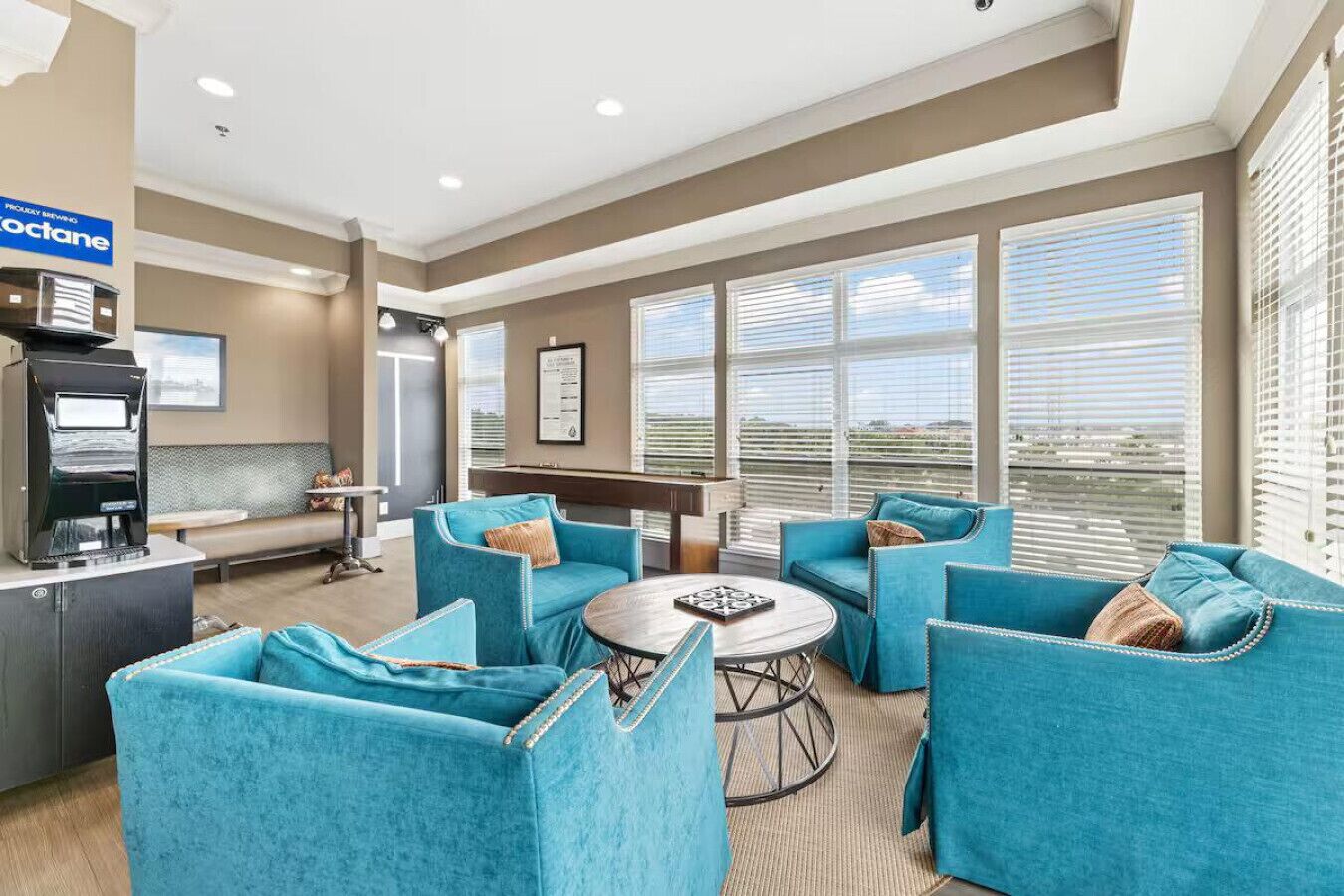 TV, fireplace, books, stereo