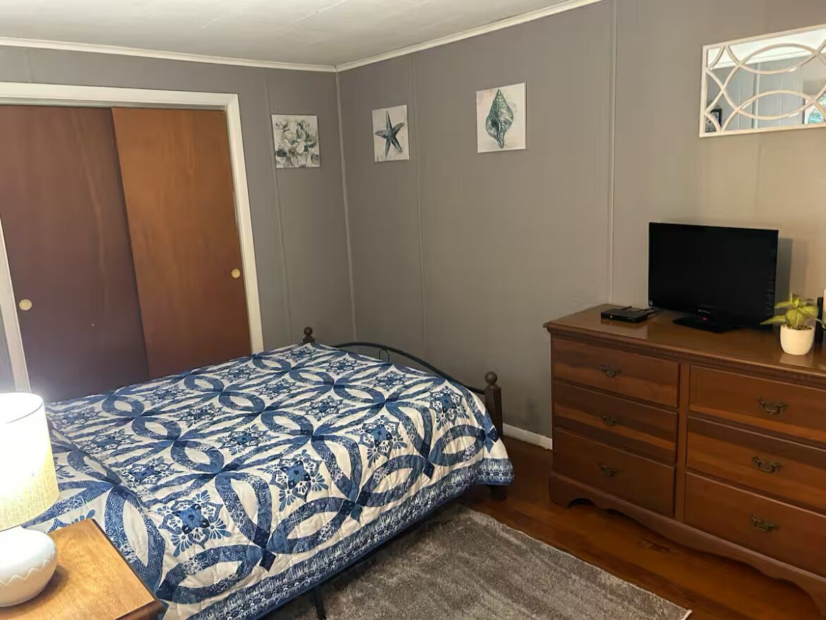 A bedroom with a bed, a dresser, a television, and wall art.