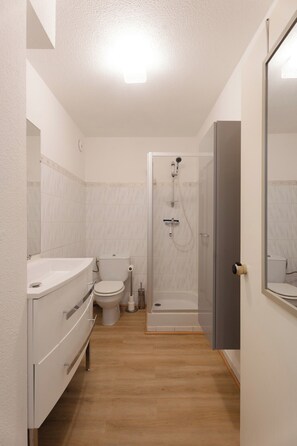 Shower, hair dryer, towels