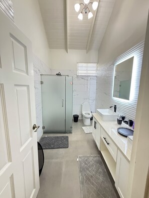 Hair dryer, towels, soap, toilet paper