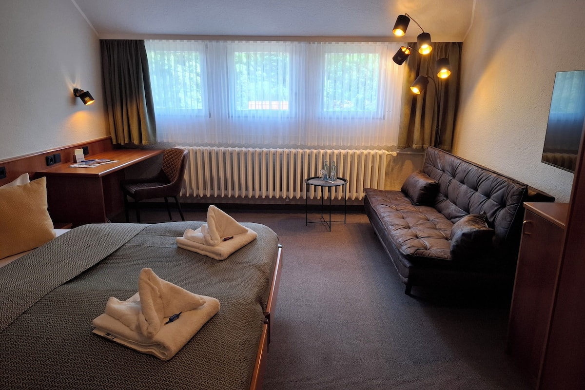 A hotel room with a bed, a sofa, a desk, a chair, a small table, and a radiator.