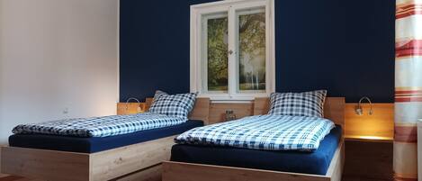 A bedroom with two wooden beds, a window with a view of trees, and a nightstand with a lamp.