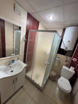 Hair dryer, towels, soap