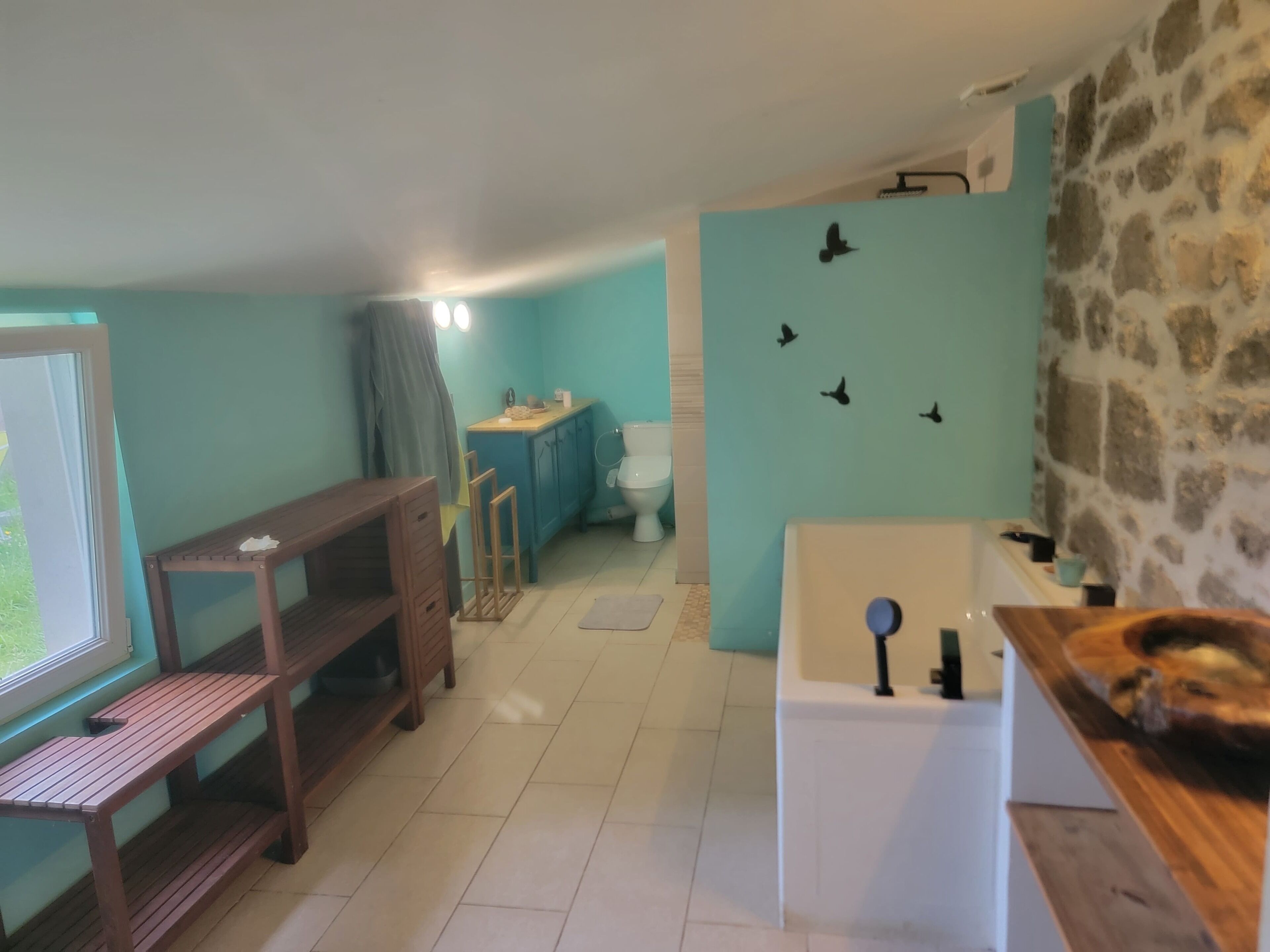 Ein Zimmer mit einer hölzernen Bank, einem kleinen Tisch, einem blauen Schrank, einer Toilette und einer Steinwand mit Vogelmotiven.