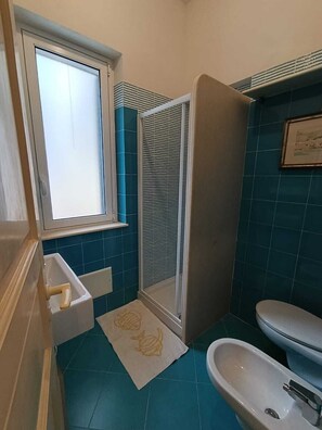 Een douche, een haardroger, een bidet, handdoeken