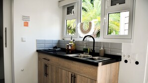 Uma cozinha compacta com bancada preta, armários de madeira, pia dupla e janela com vista para vegetação.