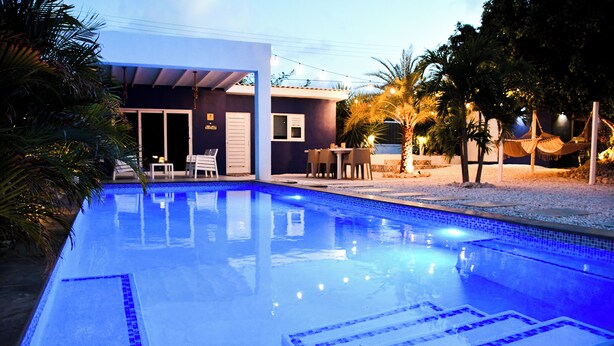 Uma piscina com deck revestido, área de estar coberta e palmeiras.
