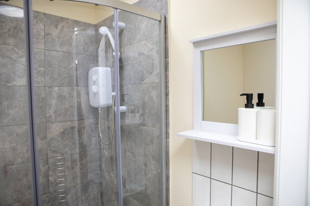 Hair dryer, towels, soap, shampoo