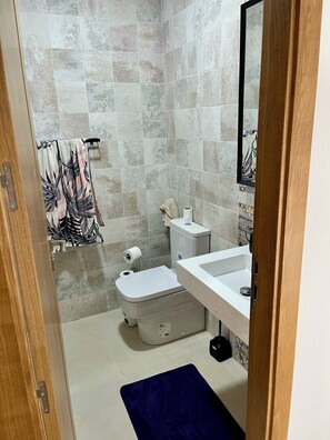 Douche, sĂšche-cheveux, bidet, serviettes fournies