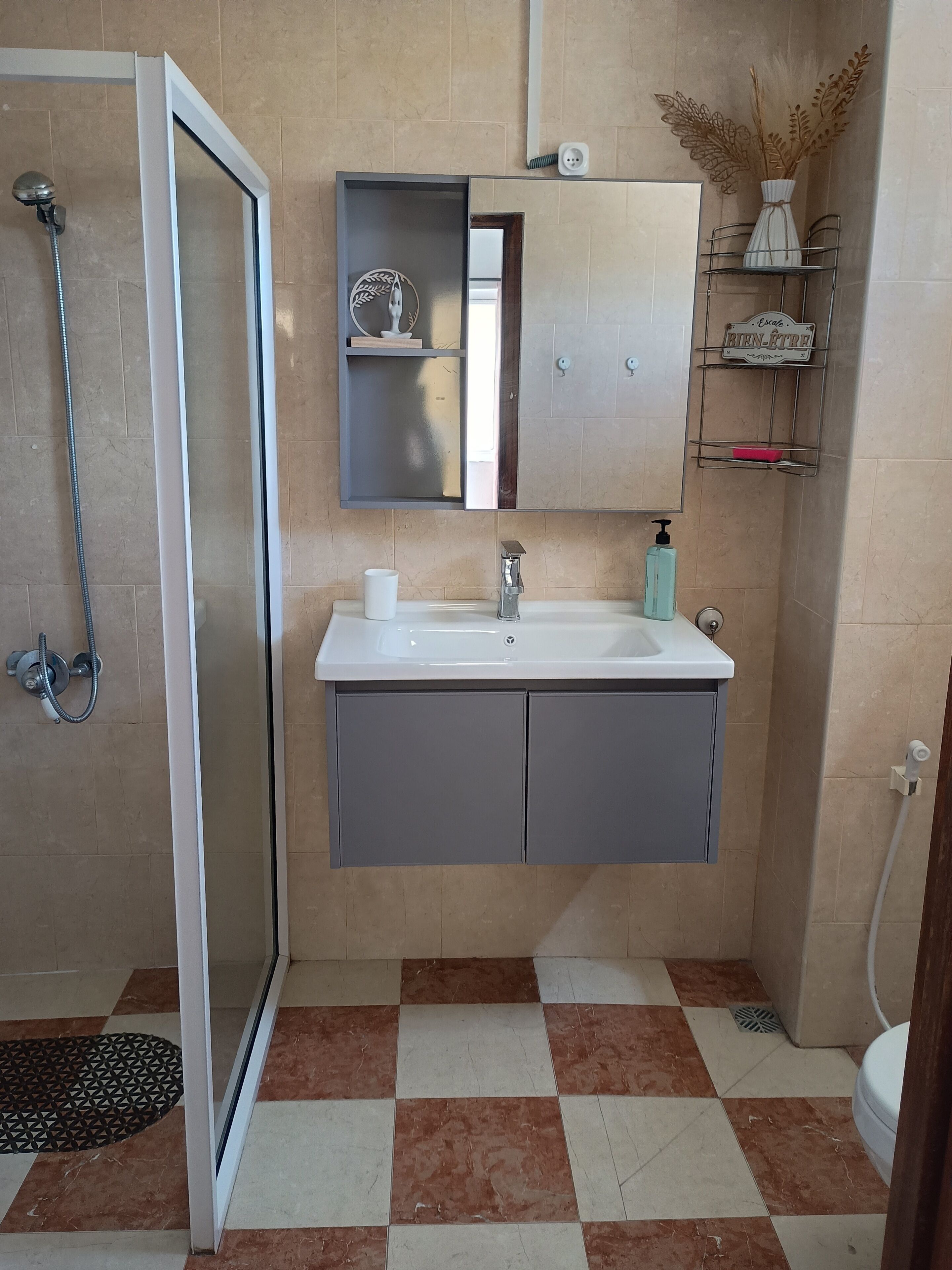 Shower, hair dryer, towels, toilet paper
