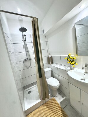 Shower, hair dryer, towels, soap