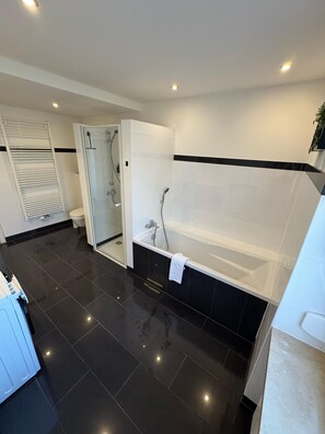 Hair dryer, towels, soap, shampoo