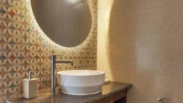 Hair dryer, bidet, towels, soap