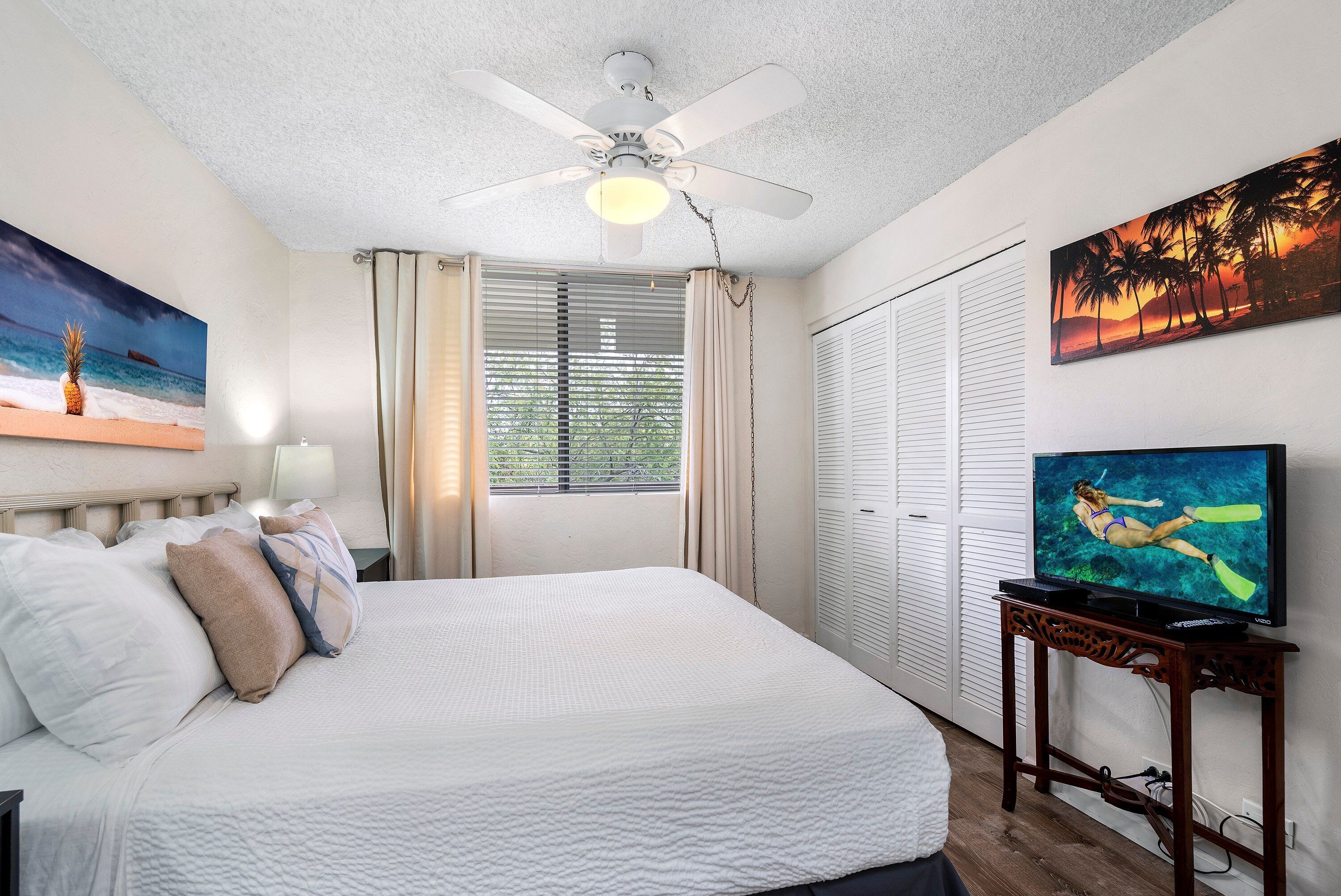 A bedroom with a bed, a ceiling fan, a TV on a wooden table, and two paintings on the walls.