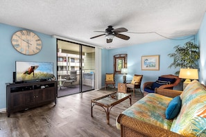 Condo, Multiple Beds, Lanai, Partial Ocean View (White Sands Village 210) | Living area | 42-inch flat-screen TV with digital channels - Condo With Central AC - Partial Ocean View - Concierge - Near Magic Sands Beach - Vrkcv (Kailua-Kona)