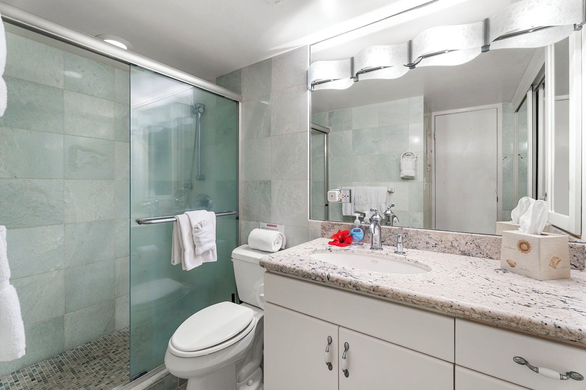 A modern bathroom with a glass shower enclosure, a white toilet, a marble sink with a soap dispenser, and a large mirror.