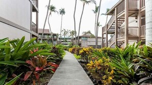 A pathway flanked by lush tropical plants leading to a building with a wooden balcony. - Private Ground Floor Corner Unit - AC & Hawaiian Ocean Views - Vrkcv (Kailua-Kona)