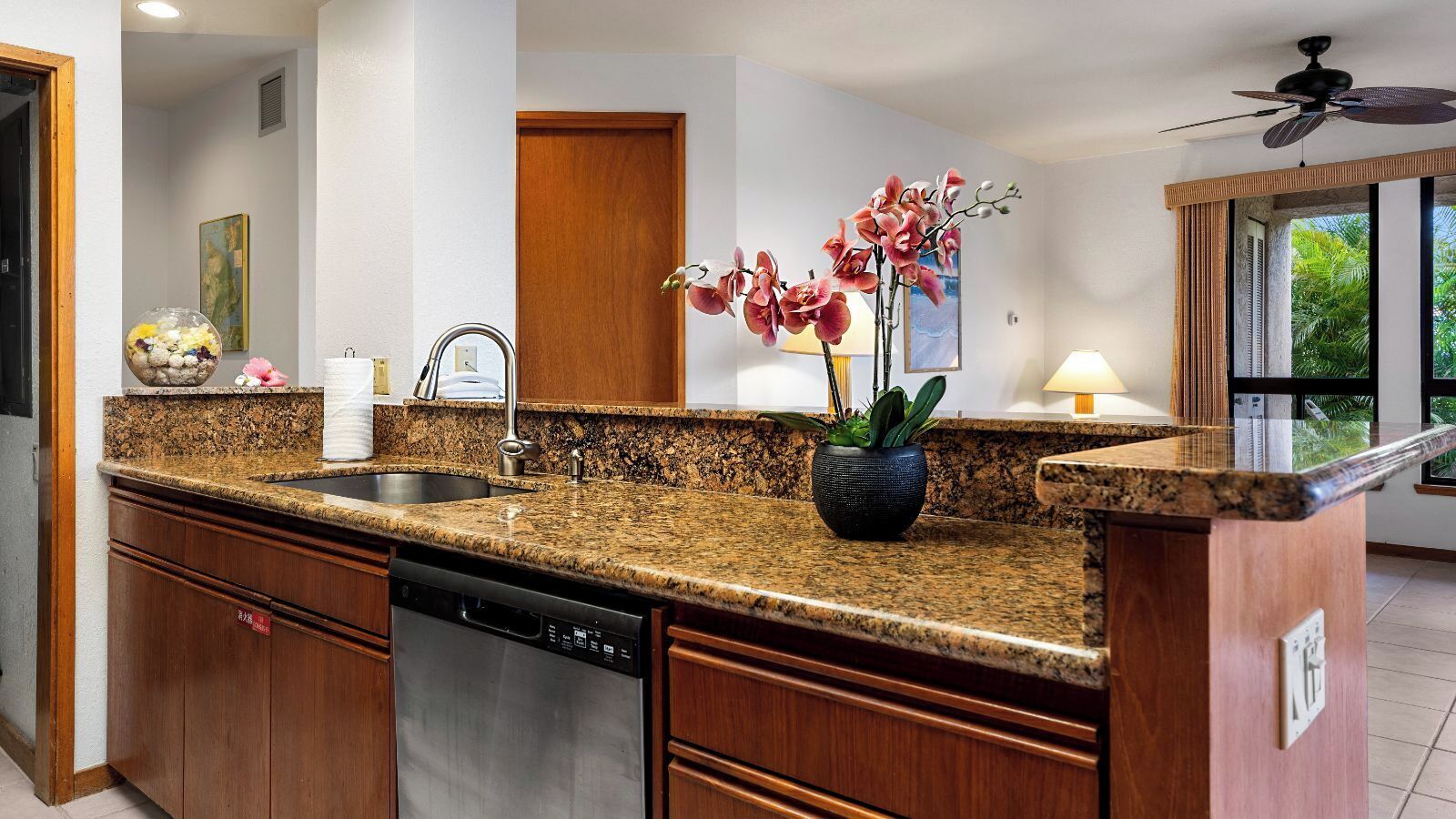 A kitchen with granite countertops, a dishwasher, a sink, and a potted orchid.