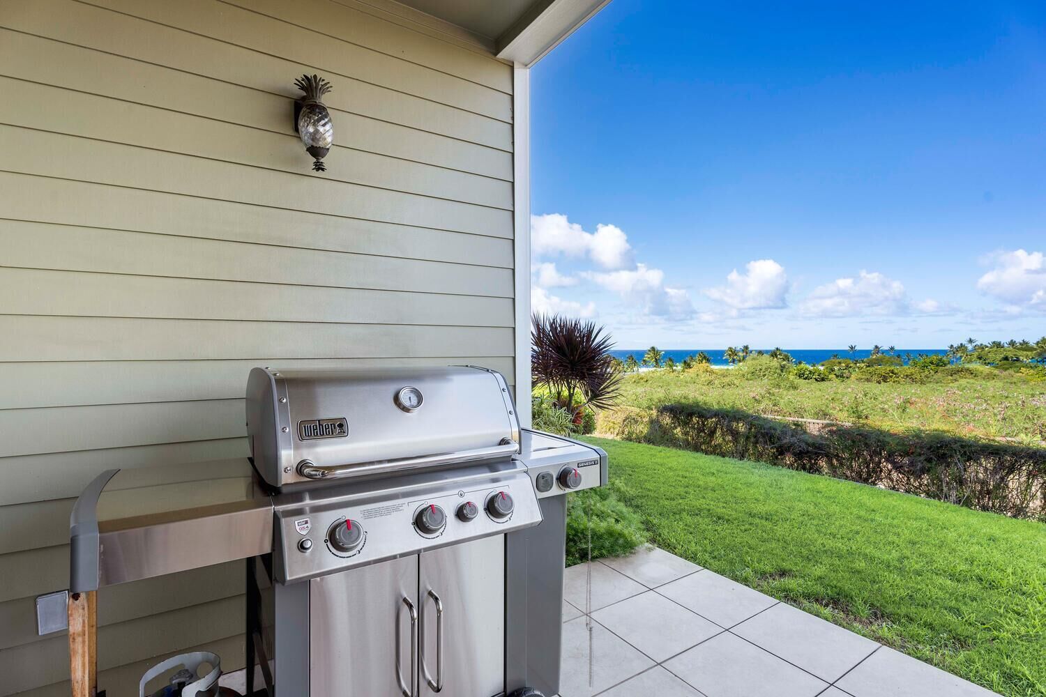 Una parrilla de gas Weber en un patio con vista al océano y un paisaje tropical.