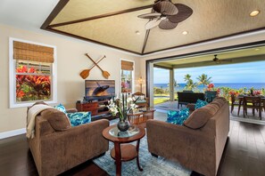 House, Multiple Beds, Private Pool, Ocean View (Holua Kai 21) | Living area | 42-inch flat-screen TV with digital channels - Ocean Front - Private Pool & Grill - Vrkcv (Kailua-Kona)