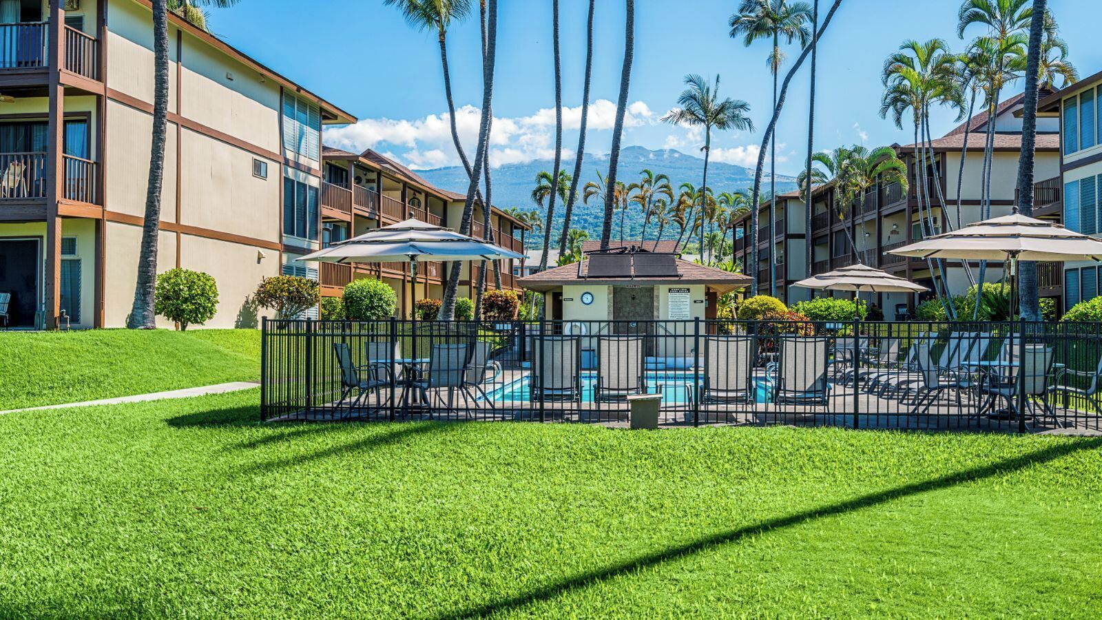 Un hôtel doté d’une piscine, entouré de palmiers et d’une pelouse bien entretenue.
