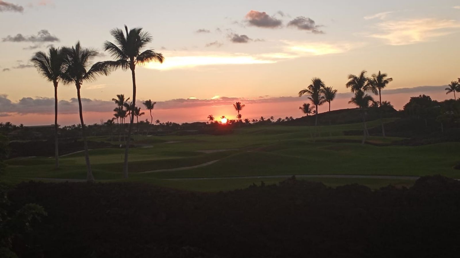 A golf course at sunset with palm trees and a clear sky.