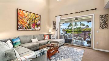 Condo, Multiple Beds, Lanai, Ocean View (Golf Villas at Mauna Lani H22) | Living area | 72-inch flat-screen TV with digital channels