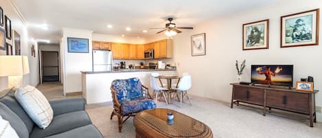 Condo, 1 King Bed with Sofa bed, Lanai, Ocean View (Sea Village 2102) | Living area | 42-inch flat-screen TV with digital channels