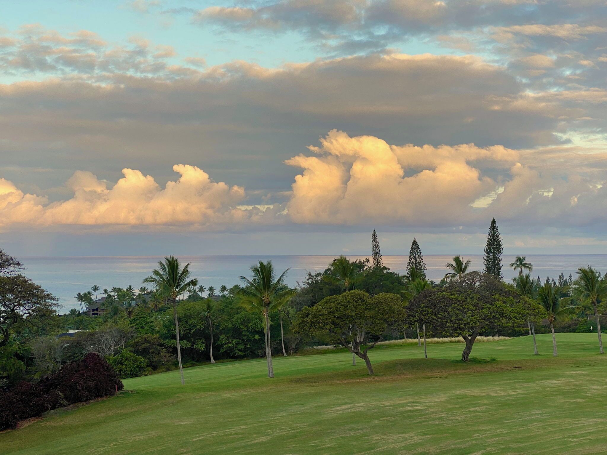 A golf course with a view of the ocean and a cloudy sky.