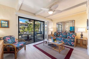 Condo, 1 Queen Bed with Sofa bed, Lanai, Partial Ocean View (Casa de Emdeko 212) | Living area - Ocean Views - AC - In Unit Washer/dryer - Vrkcv (Kailua-Kona)