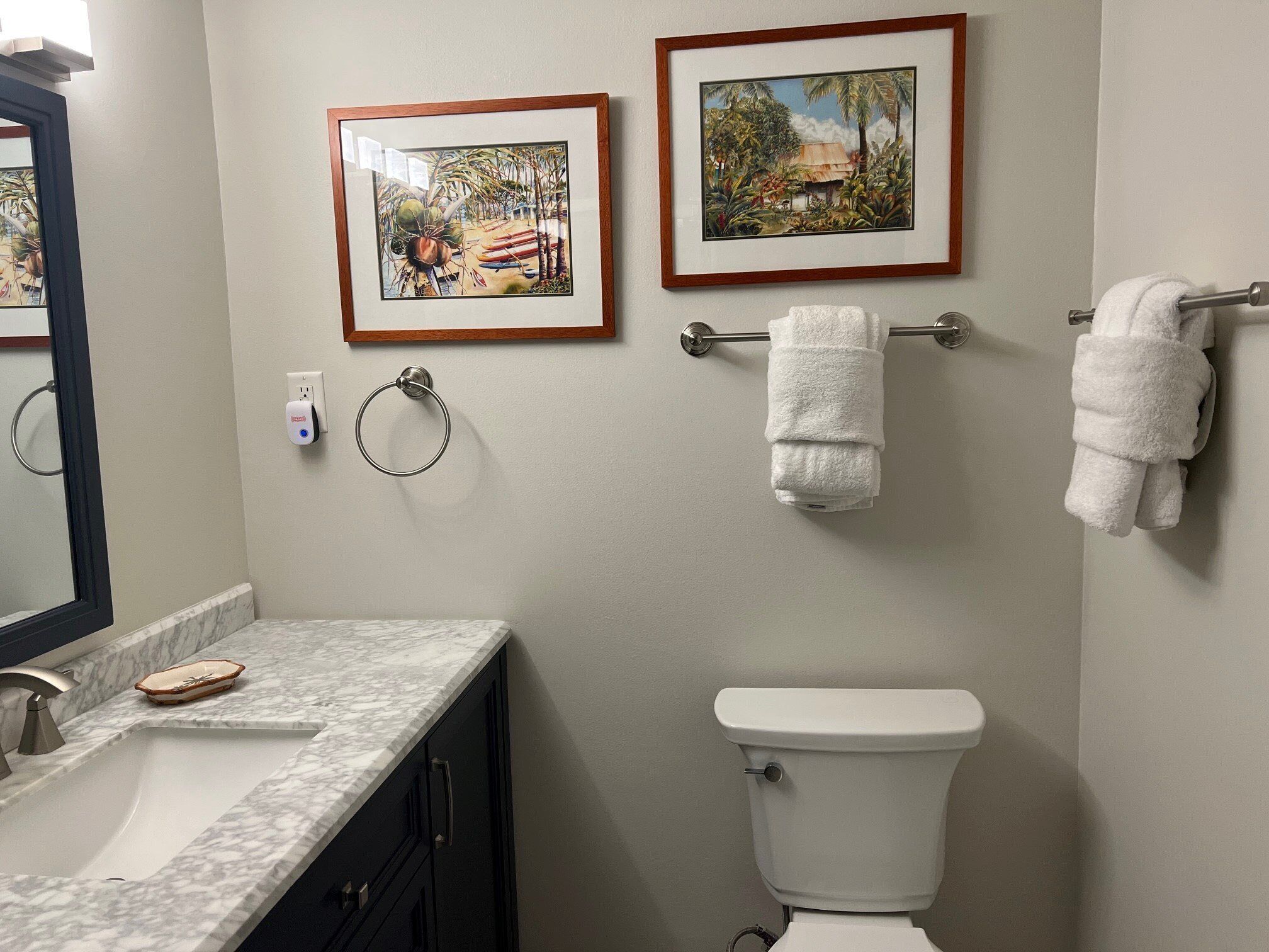 Ein Badezimmer mit Marmorwaschbecken, zwei gerahmten Bildern an der Wand, einem Handtuchhalter mit Handtüchern und einer Toilette.