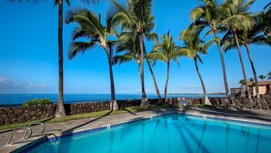 A swimming pool with clear blue water, surrounded by palm trees and a stone wall, with a view of the ocean. - Ocean Front Villa - Central AC- Vrkcv (Kailua-Kona)