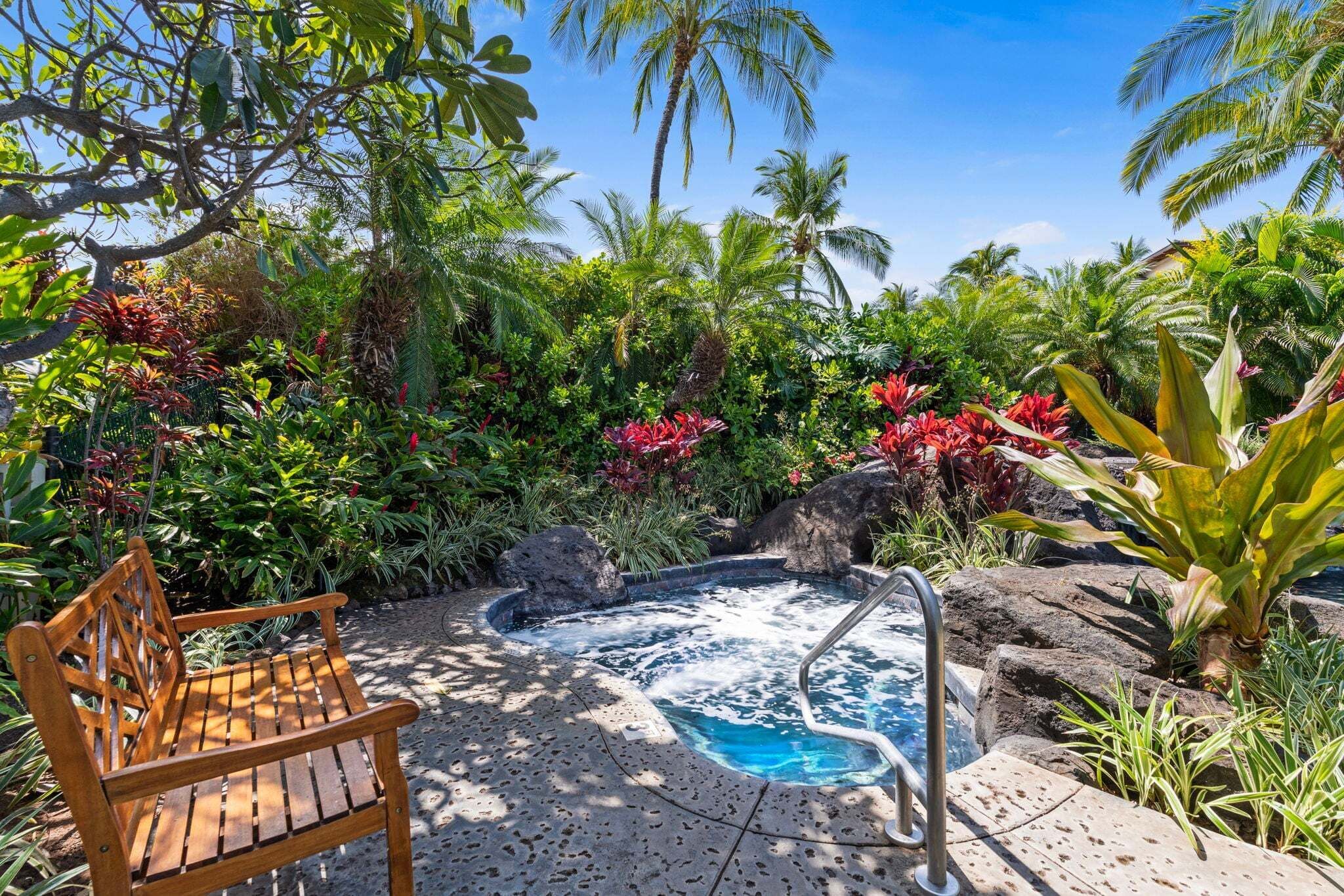 A wooden bench, a hot tub surrounded by tropical plants, and a clear blue sky.