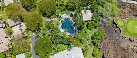 Vista aérea de una zona residencial con piscina rodeada de exuberante vegetación y casas con tejados inclinados.