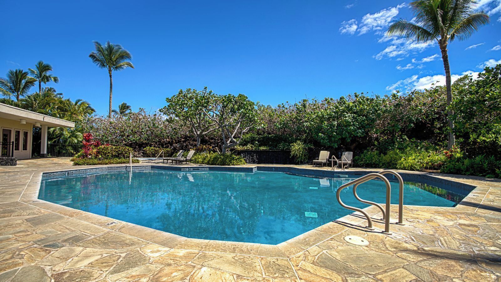 A rectangular swimming pool with a metal ladder on one side, surrounded by stone tiles.