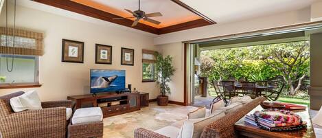 Townhome, Multiple Beds, Lanai, Garden View (Mauna Lani Villages 512) | Living area | 42-inch flat-screen TV with cable channels