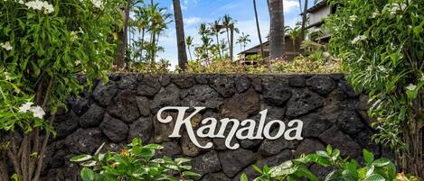 A stone wall with the name "Kanaloa" and lush tropical vegetation around it.